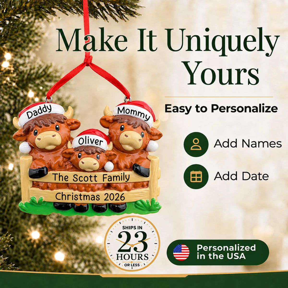 Make it yours: add names and year to the personalized highland cow family of 3 christmas ornament