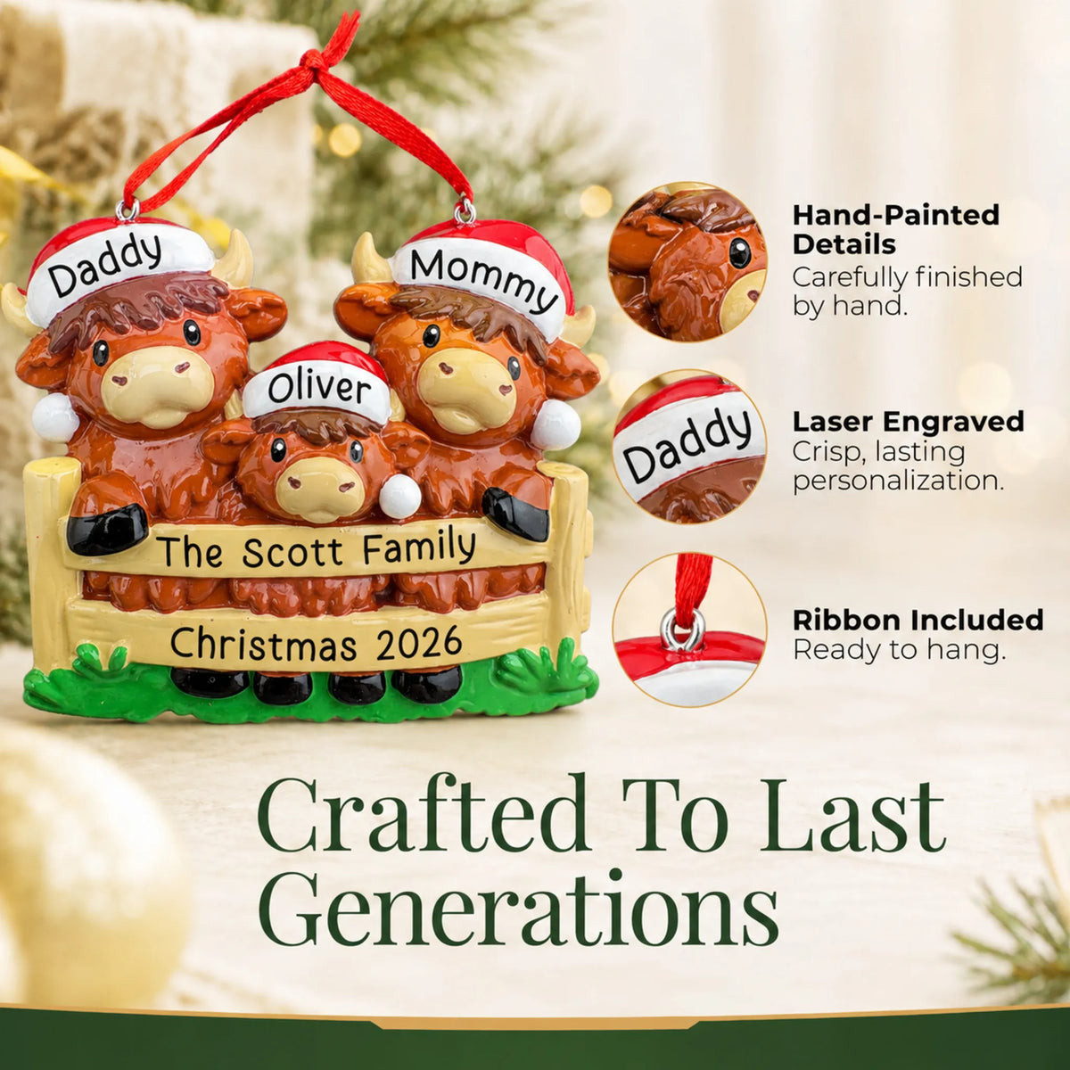 Hand-painted details and laser engraved personalization on the highland cow family of 3 christmas ornament, ribbon included