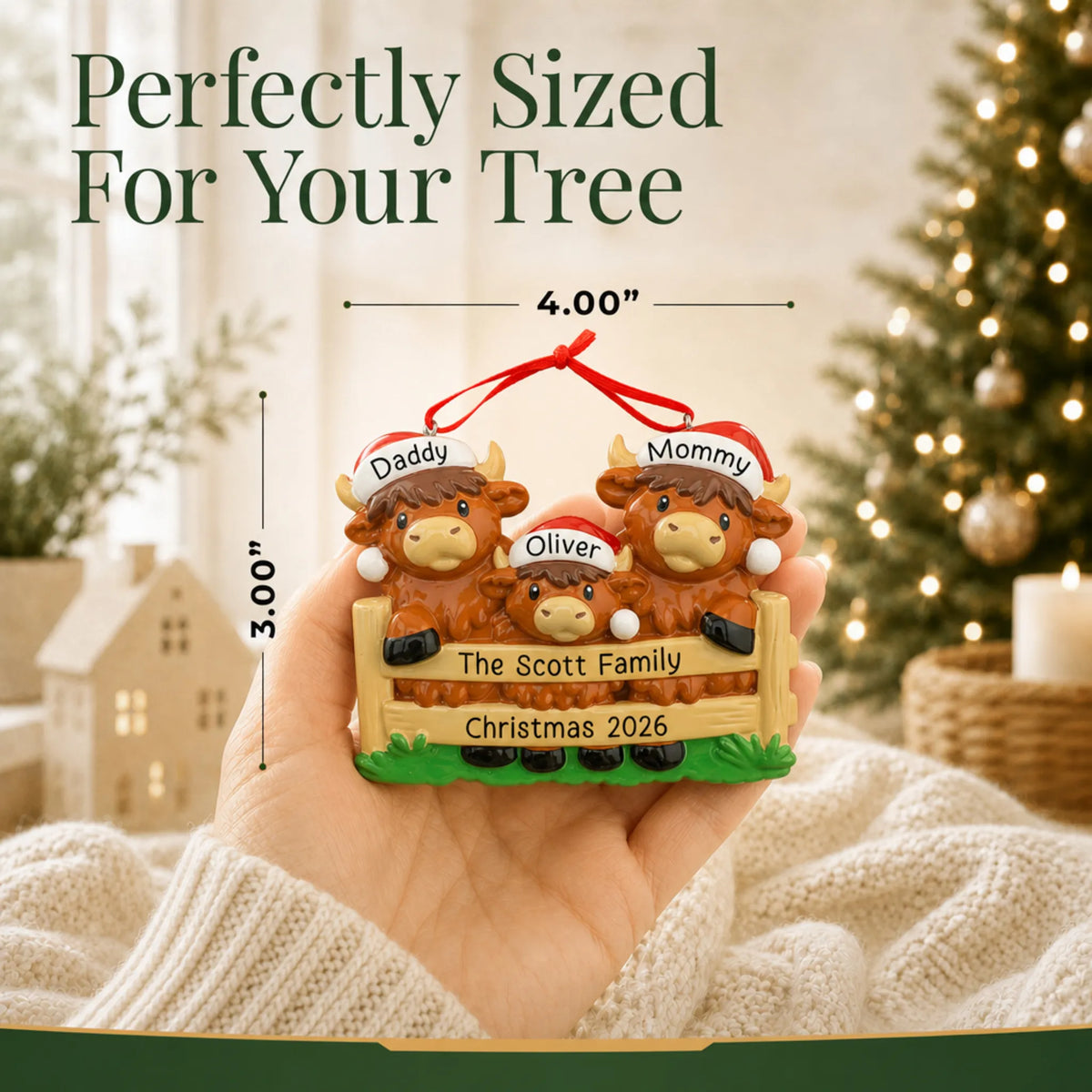 Size guide: the personalized highland cow family of 3 christmas ornament is 4.00 in wide by 3.00 in tall, shown in hand