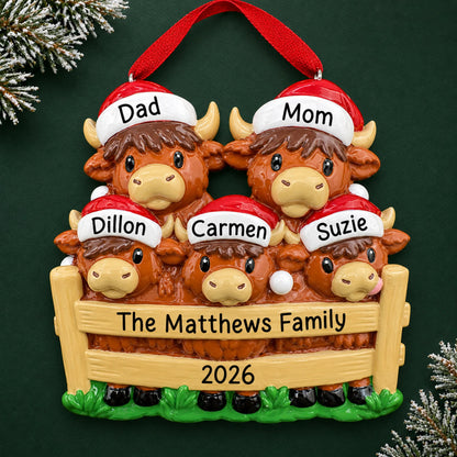 Personalized highland cow family of 5 christmas ornament on a dark green pine background