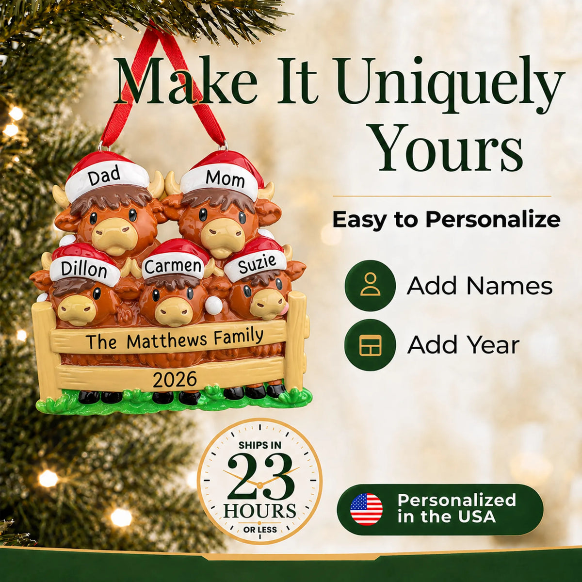 Make it yours: add names and year to the personalized highland cow family of 5 christmas ornament
