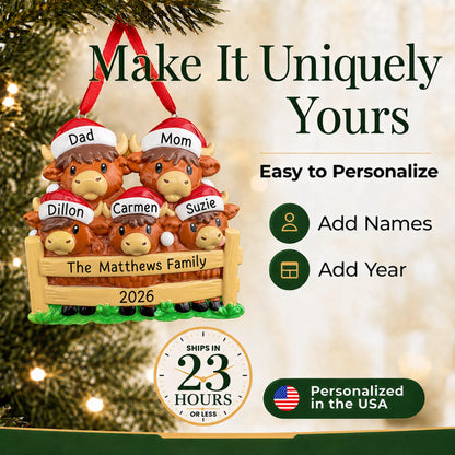 Make it yours: add names and year to the personalized highland cow family of 5 christmas ornament