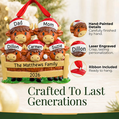 Hand-painted details and laser engraved personalization on the highland cow family of 5 christmas ornament, ribbon included