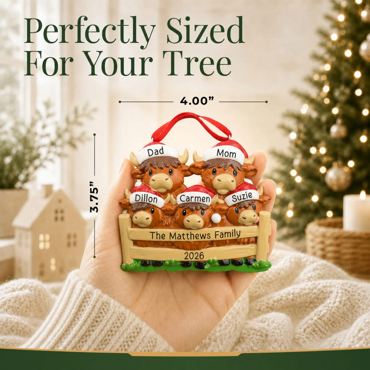 Size guide: the personalized highland cow family of 5 christmas ornament is 4.00 in wide by 3.75 in tall, shown in hand