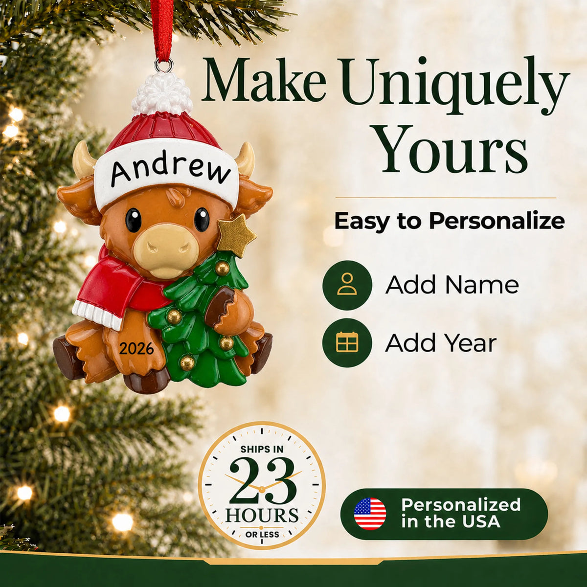 Make it yours: add a name and year to the personalized highland baby cow christmas ornament