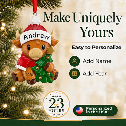 Make it yours: add a name and year to the personalized highland baby cow christmas ornament