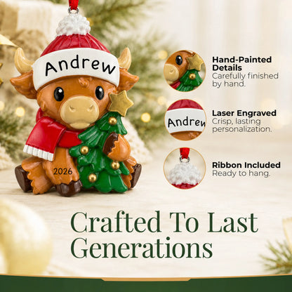 Hand-painted details and laser engraved personalization on the highland baby cow christmas ornament, ribbon included