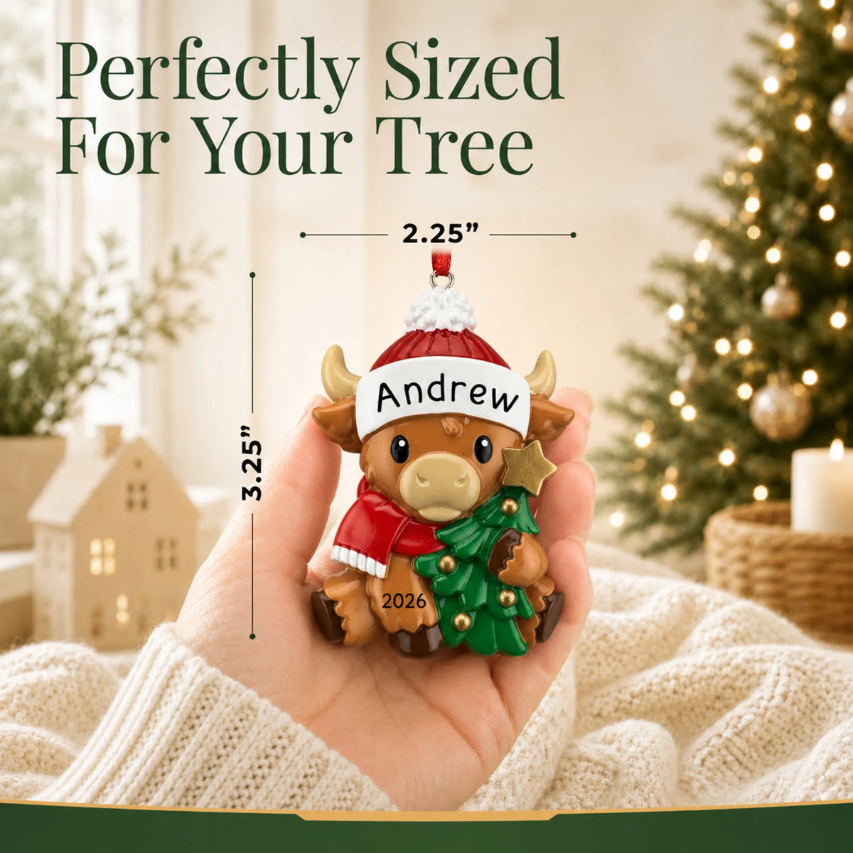 Size guide: the personalized highland baby cow christmas ornament is 2.25 in wide by 3.25 in tall, shown in hand