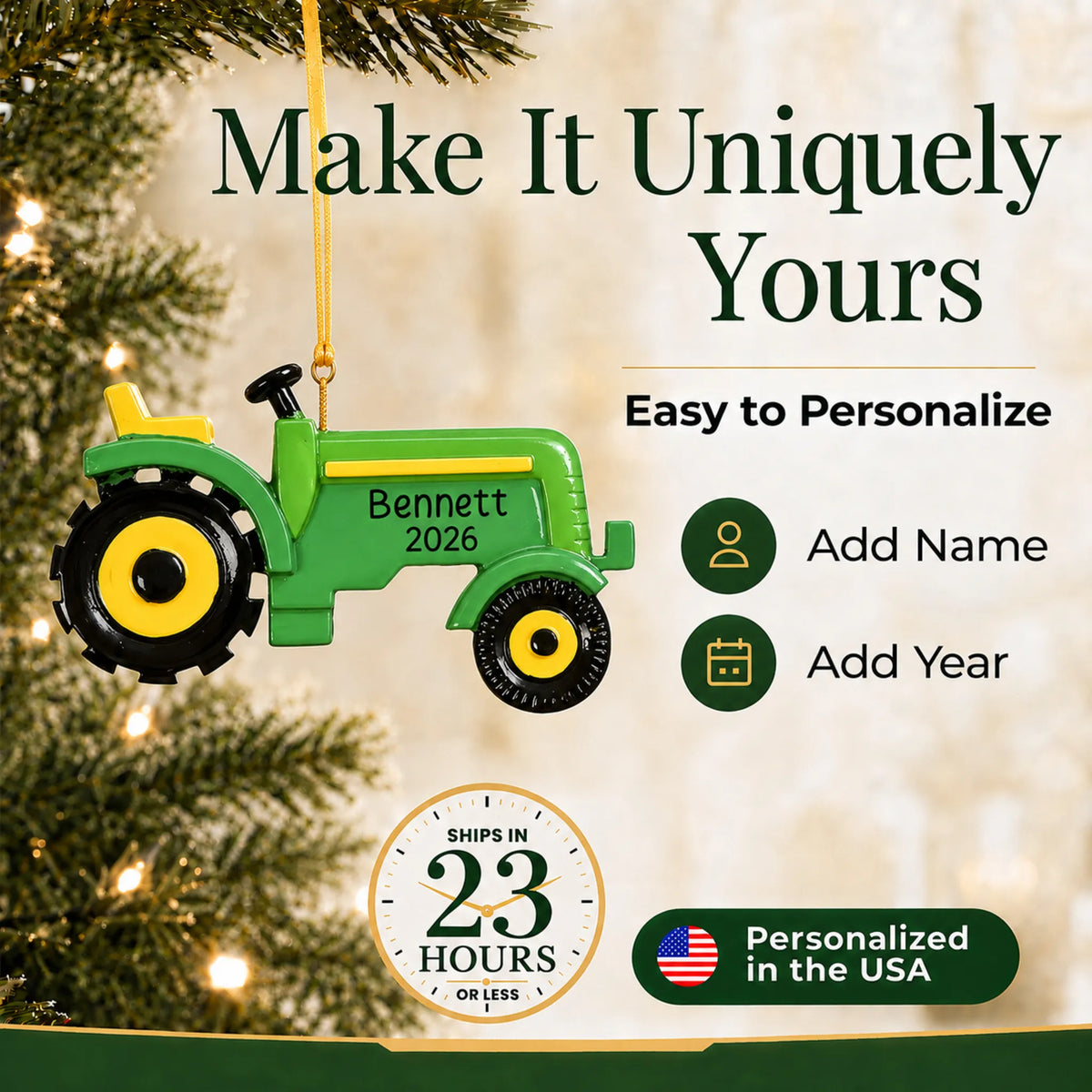 Make it yours: add name and year to the personalized farm tractor christmas ornament
