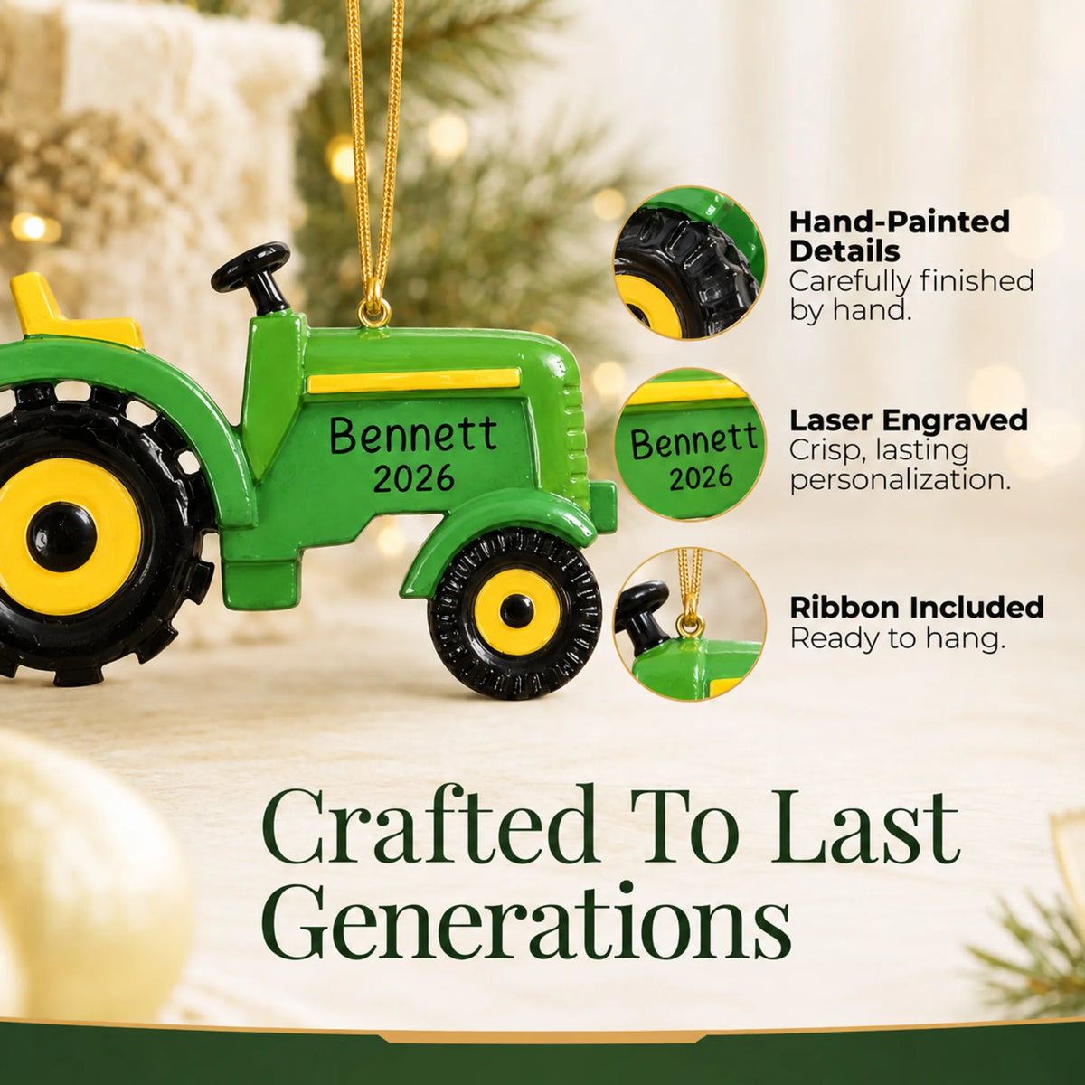 Hand-painted details and laser engraved personalization on the farm tractor christmas ornament, ribbon included