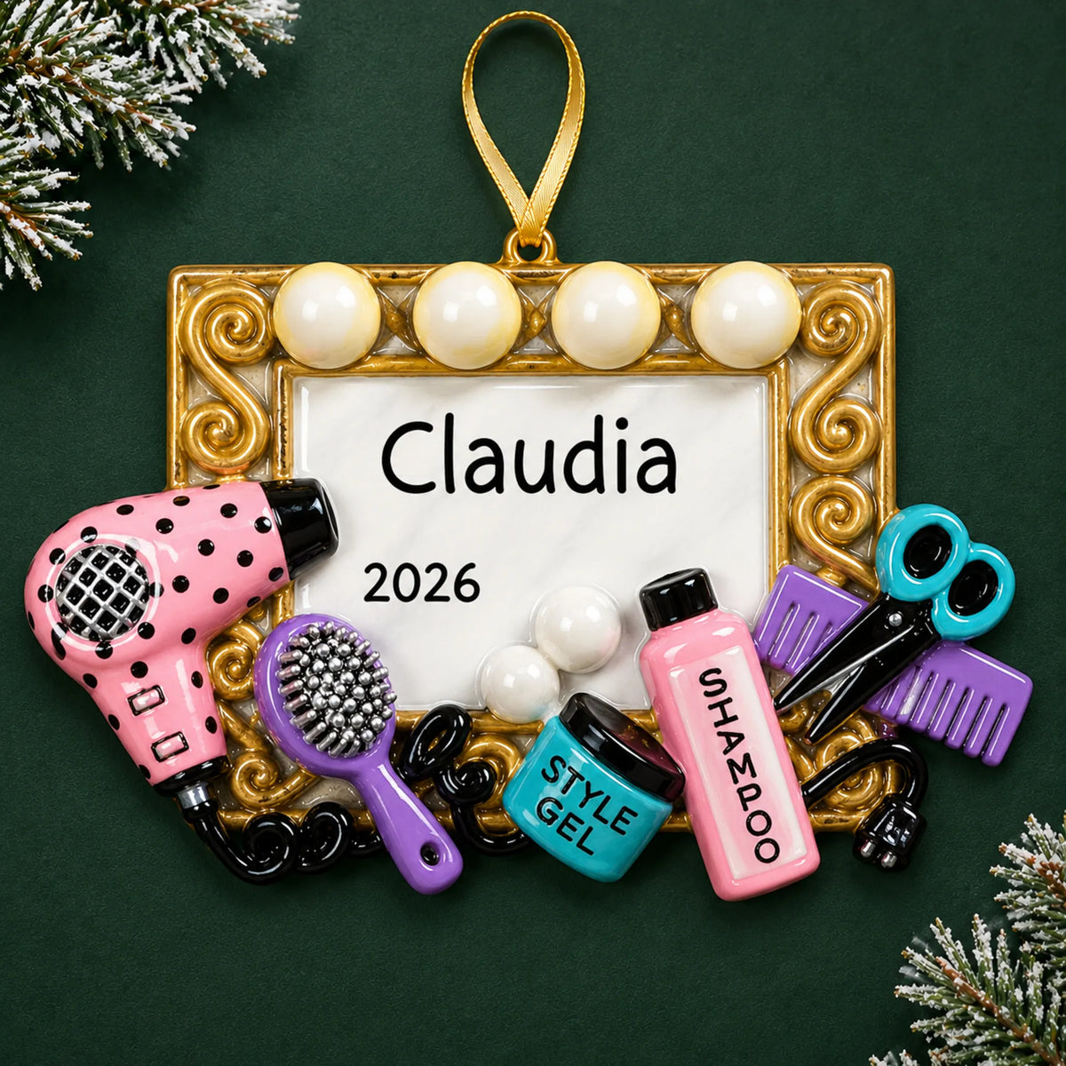 Personalized hair stylist christmas ornament on a dark green pine background