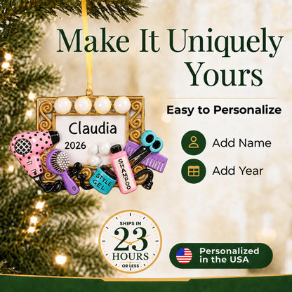 Make it yours: add name and year to the personalized hair stylist christmas ornament