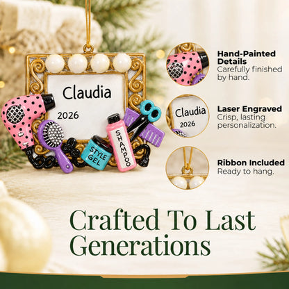 Hand-painted details and laser engraved personalization on the hair stylist christmas ornament, ribbon included