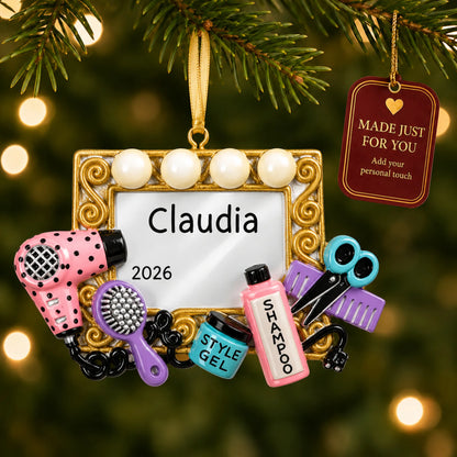 Hair stylist christmas ornament hanging on a lit Christmas tree with a Made Just For You gift tag
