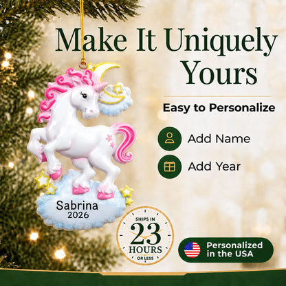 Make it yours: add name and year to the personalized unicorn sparkles christmas ornament