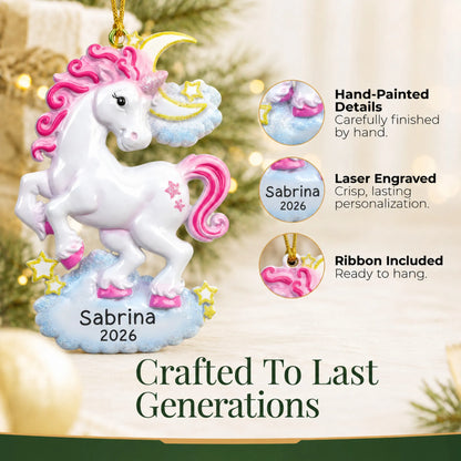 Hand-painted details and laser engraved personalization on the unicorn sparkles christmas ornament, ribbon included