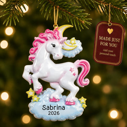 Unicorn sparkles christmas ornament hanging on a lit Christmas tree with a Made Just For You gift tag