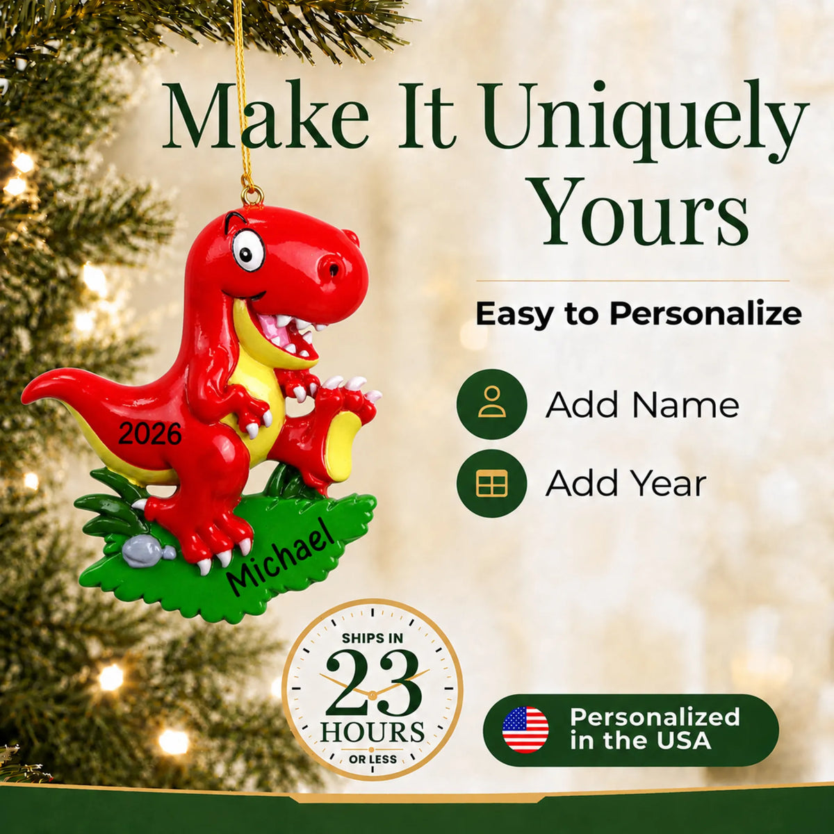 Make it yours: add name and year to the personalized red t-rex christmas ornament