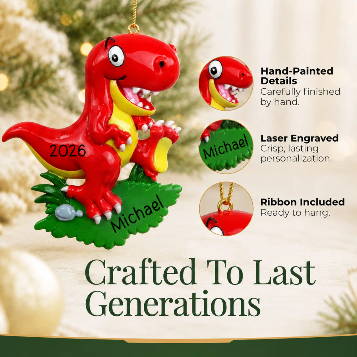 Hand-painted details and laser engraved personalization on the red t-rex christmas ornament, ribbon included