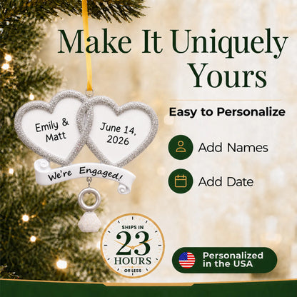 How to personalize the We're Engaged double heart Christmas ornament: add names and date, ships in 23 hours