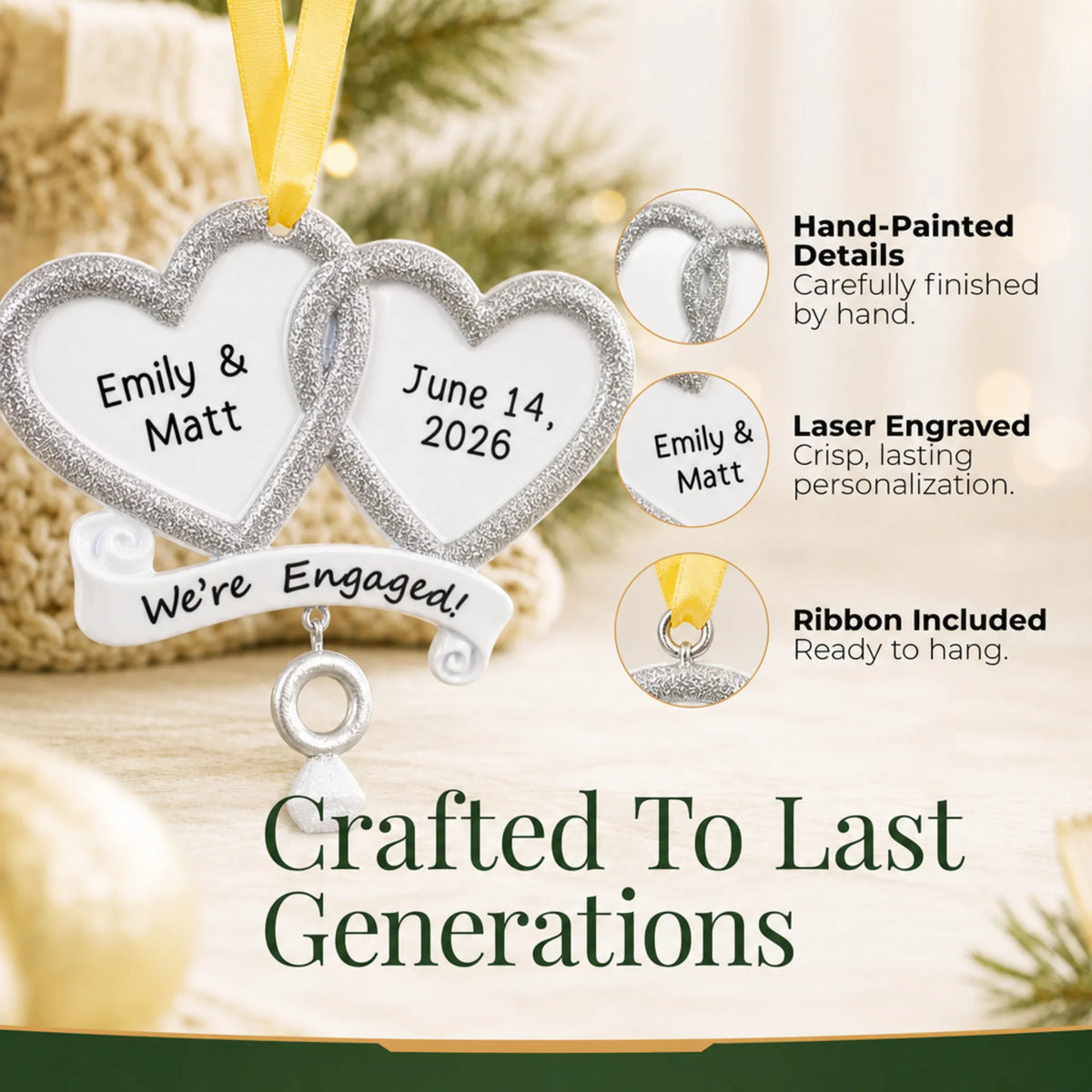 Close-up of the personalized We're Engaged double heart Christmas ornament: hand-painted detail, laser engraving