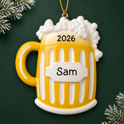 Personalized Beer Mug christmas ornament on a dark green pine background