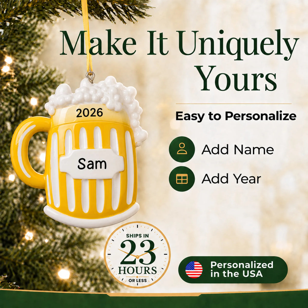 Make it yours: personalize the Beer Mug christmas ornament