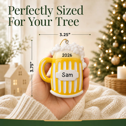 Size guide: the personalized Beer Mug christmas ornament is 3.25 in wide by 3.75 in tall, shown in hand