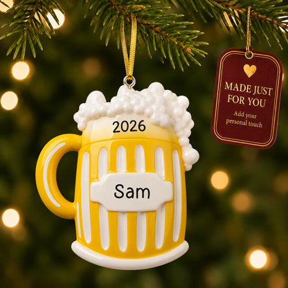 Beer Mug christmas ornament hanging on a lit Christmas tree with a Made Just For You gift tag