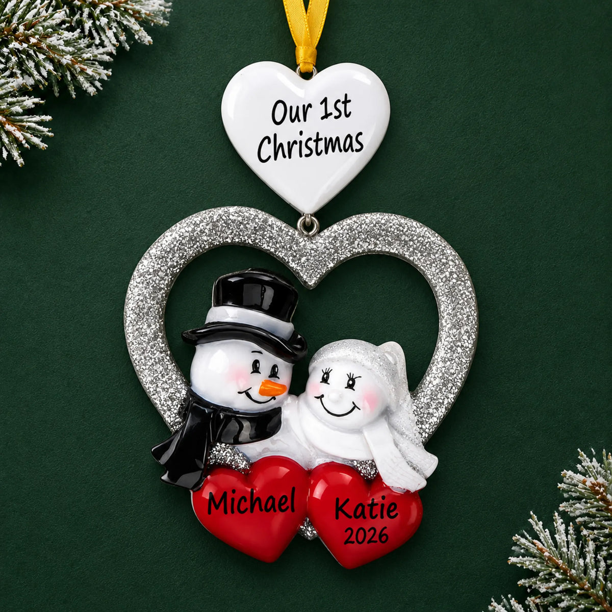 Personalized Wedding Couple First Christmas ornament on a dark green pine background