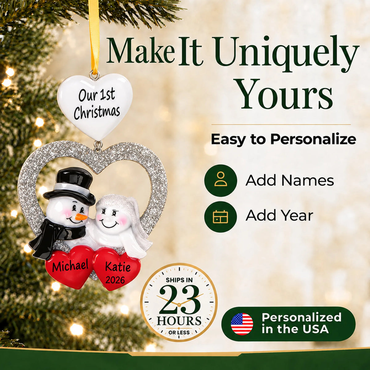 Make it yours: personalize the Wedding Couple First Christmas ornament with names and the year