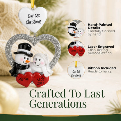 Hand-painted, laser engraved Wedding Couple First Christmas ornament, ribbon included