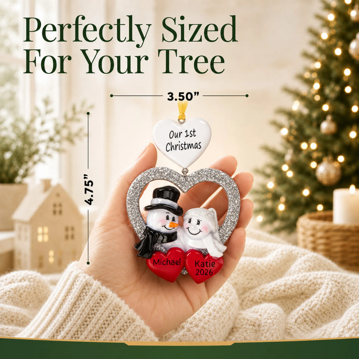 Size guide: the personalized Wedding Couple First Christmas ornament is 3.50 in wide by 4.75 in tall, shown in hand