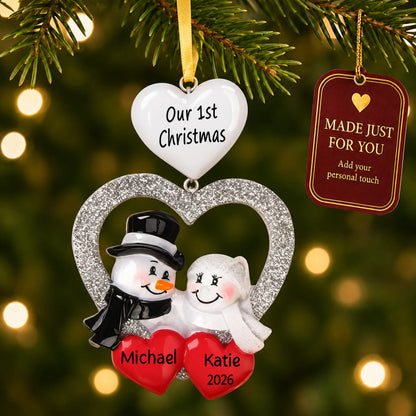 Wedding Couple First Christmas ornament hanging on a lit Christmas tree with a Made Just For You gift tag