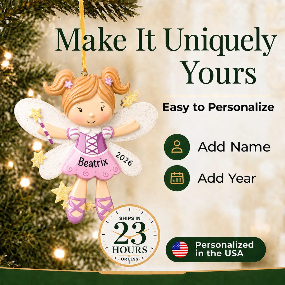 Make it yours: add name and year to the personalized fairy christmas ornament