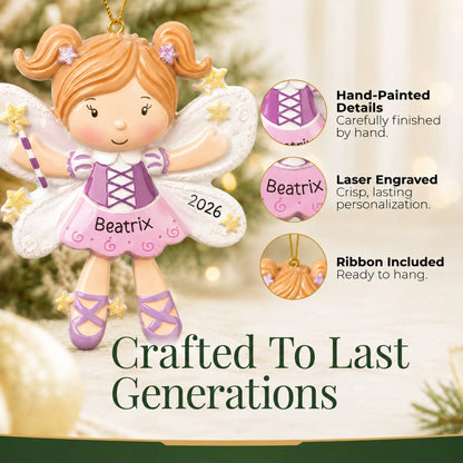 Hand-painted details and laser engraved personalization on the fairy christmas ornament, ribbon included