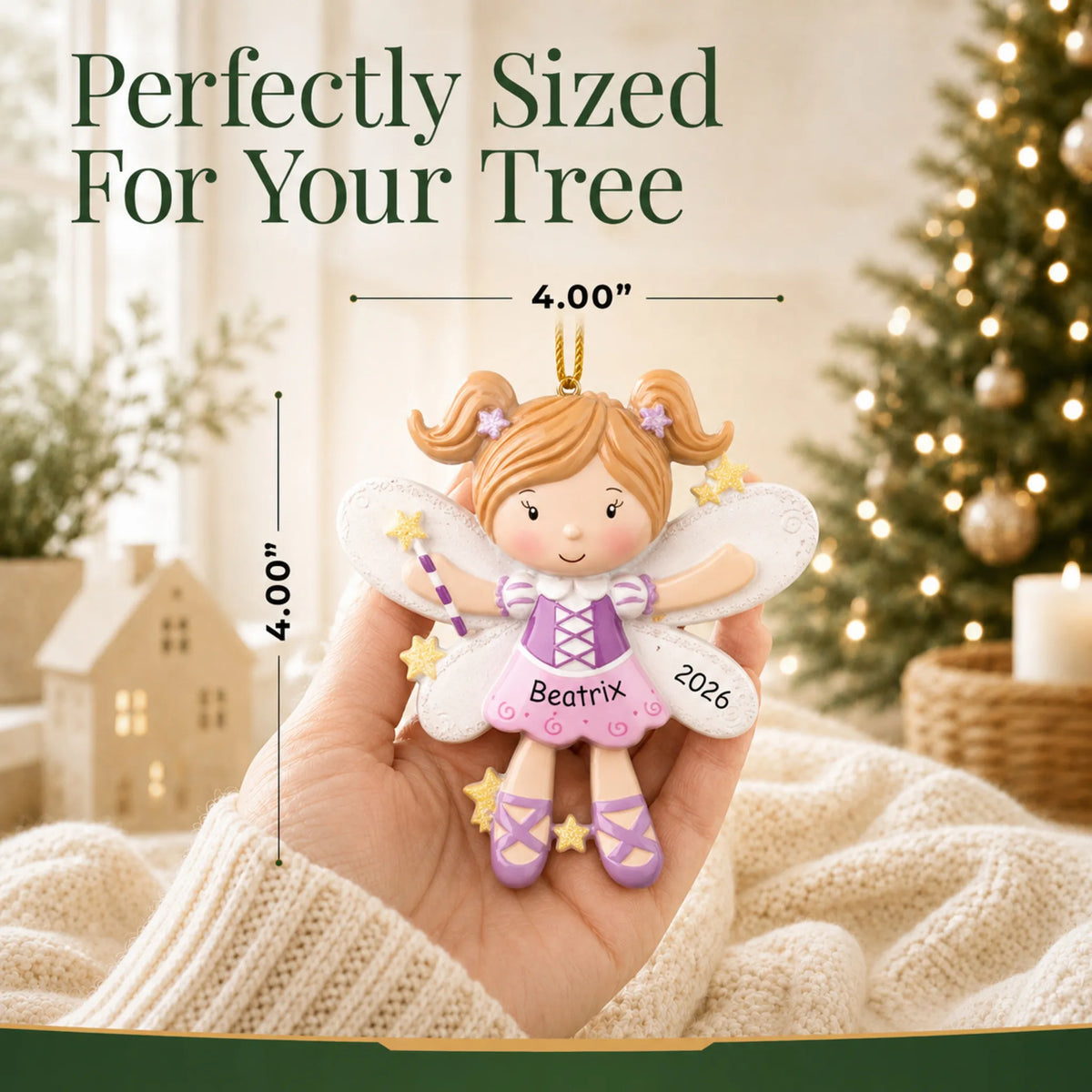 Size guide: the personalized fairy christmas ornament is 4.00 in wide by 4.00 in tall, shown in hand