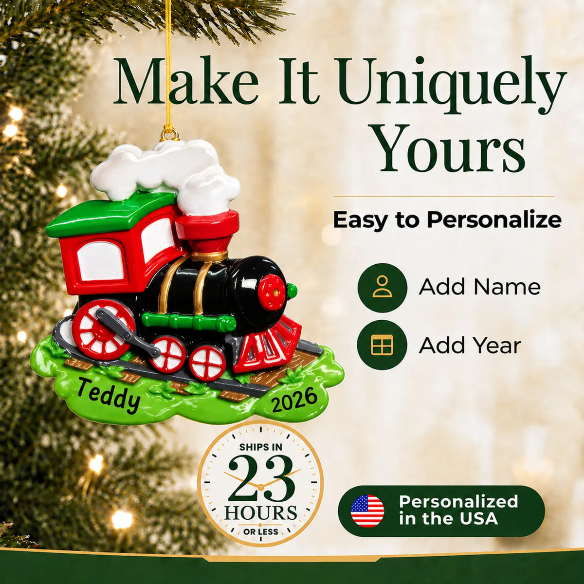 Make it yours: add name and year to the personalized choo choo train christmas ornament