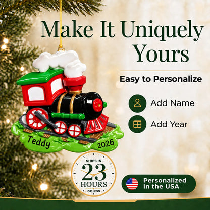 Make it yours: add name and year to the personalized choo choo train christmas ornament