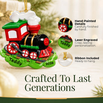 Hand-painted details and laser engraved personalization on the choo choo train christmas ornament, ribbon included