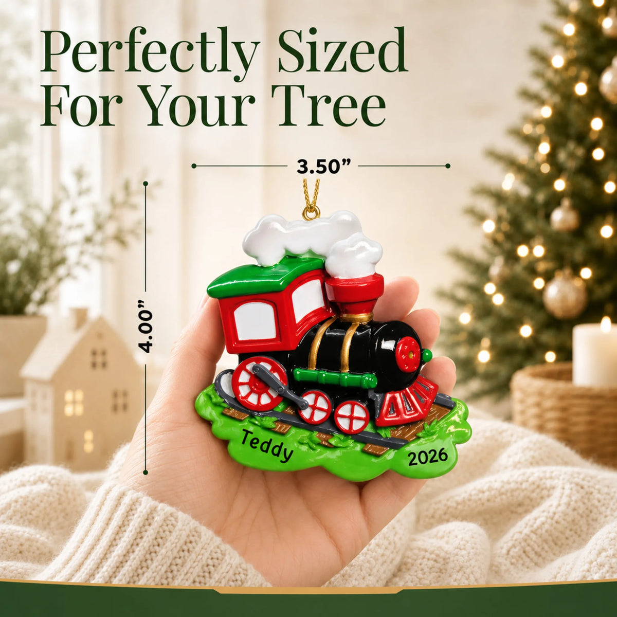 Size guide: the personalized choo choo train christmas ornament is 3.50 in wide by 4.00 in tall, shown in hand