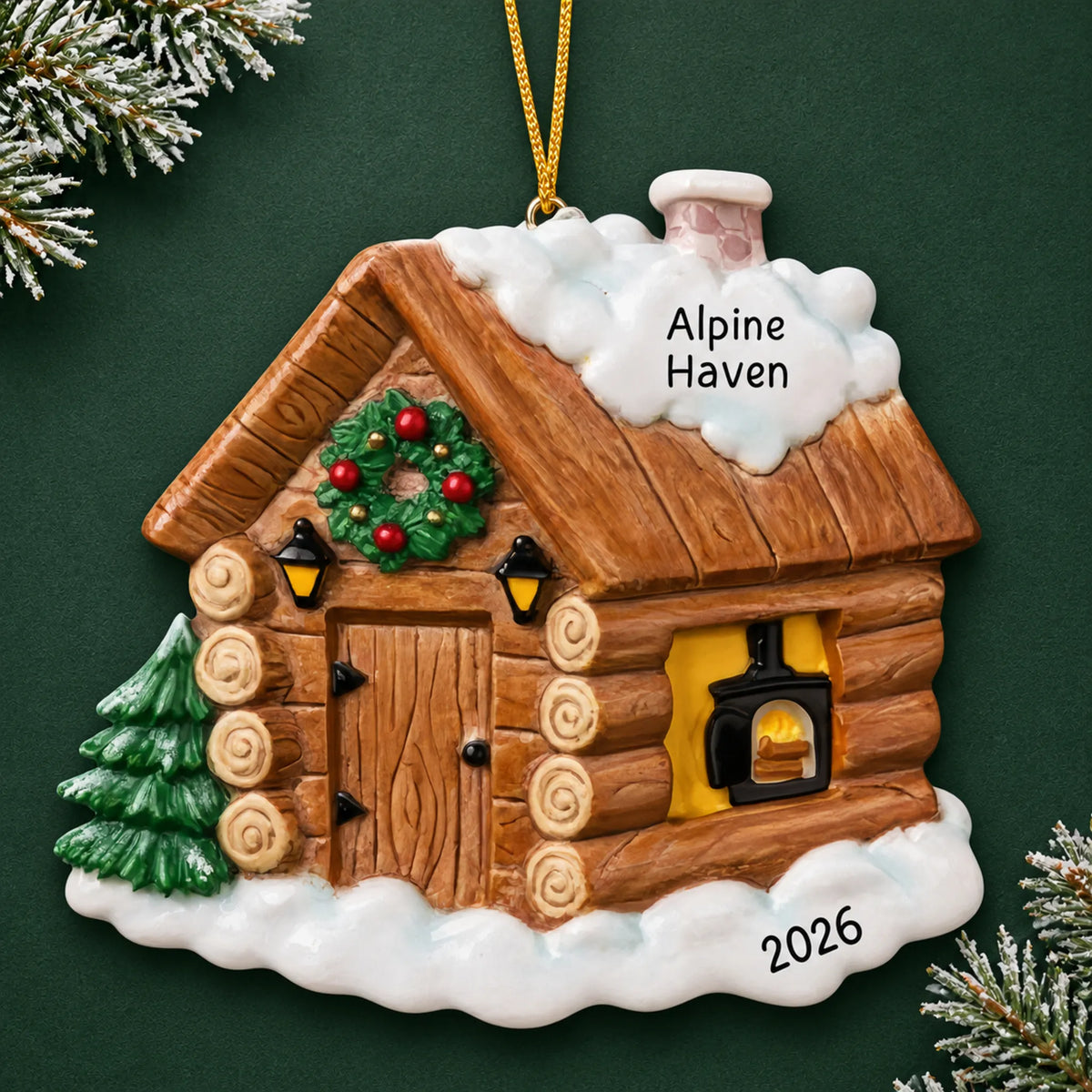 Personalized log cabin christmas ornament on a dark green pine background