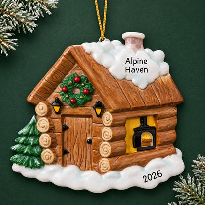 Personalized log cabin christmas ornament on a dark green pine background