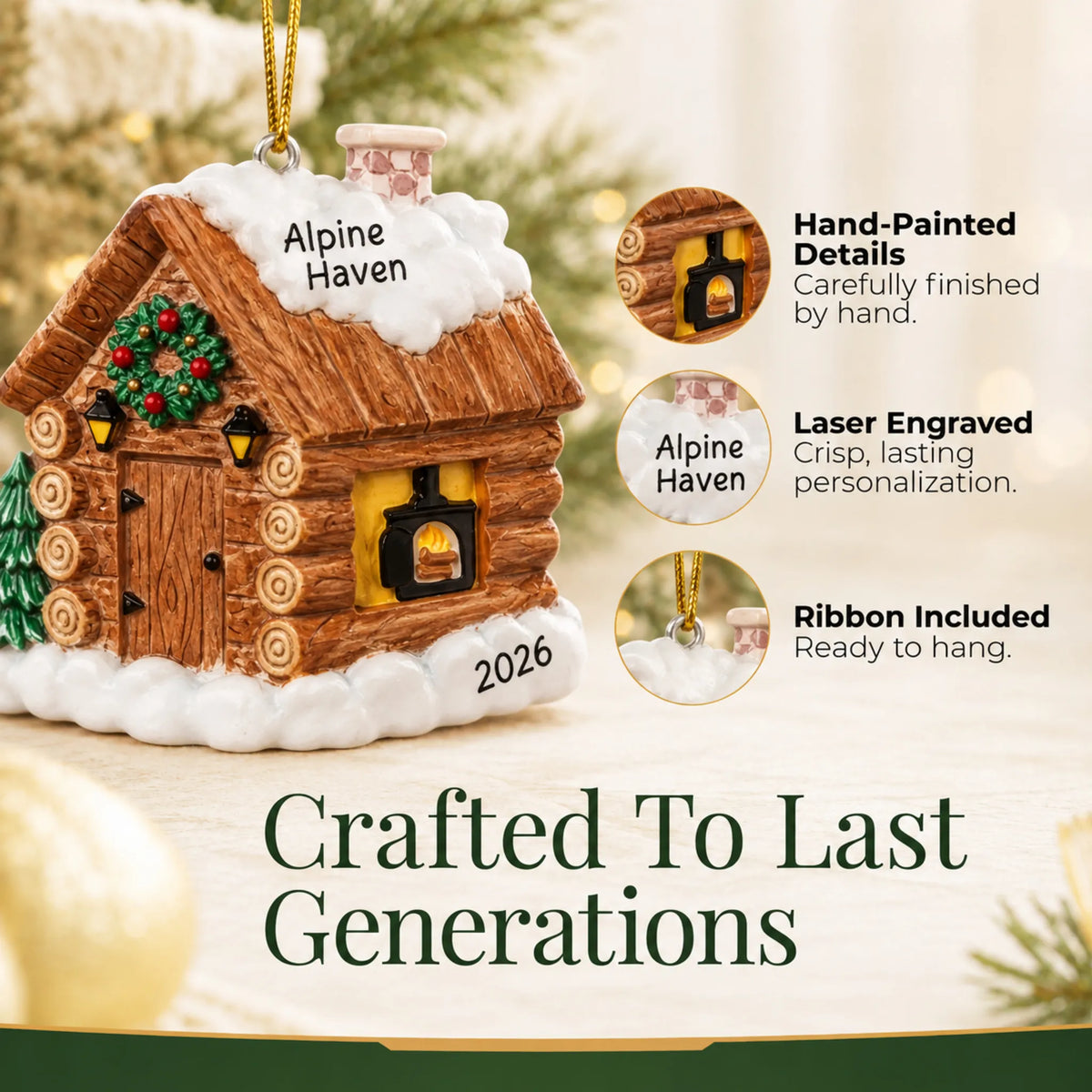 Hand-painted details and laser engraved personalization on the log cabin christmas ornament, ribbon included