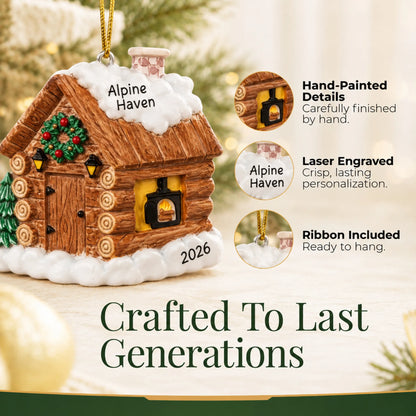 Hand-painted details and laser engraved personalization on the log cabin christmas ornament, ribbon included