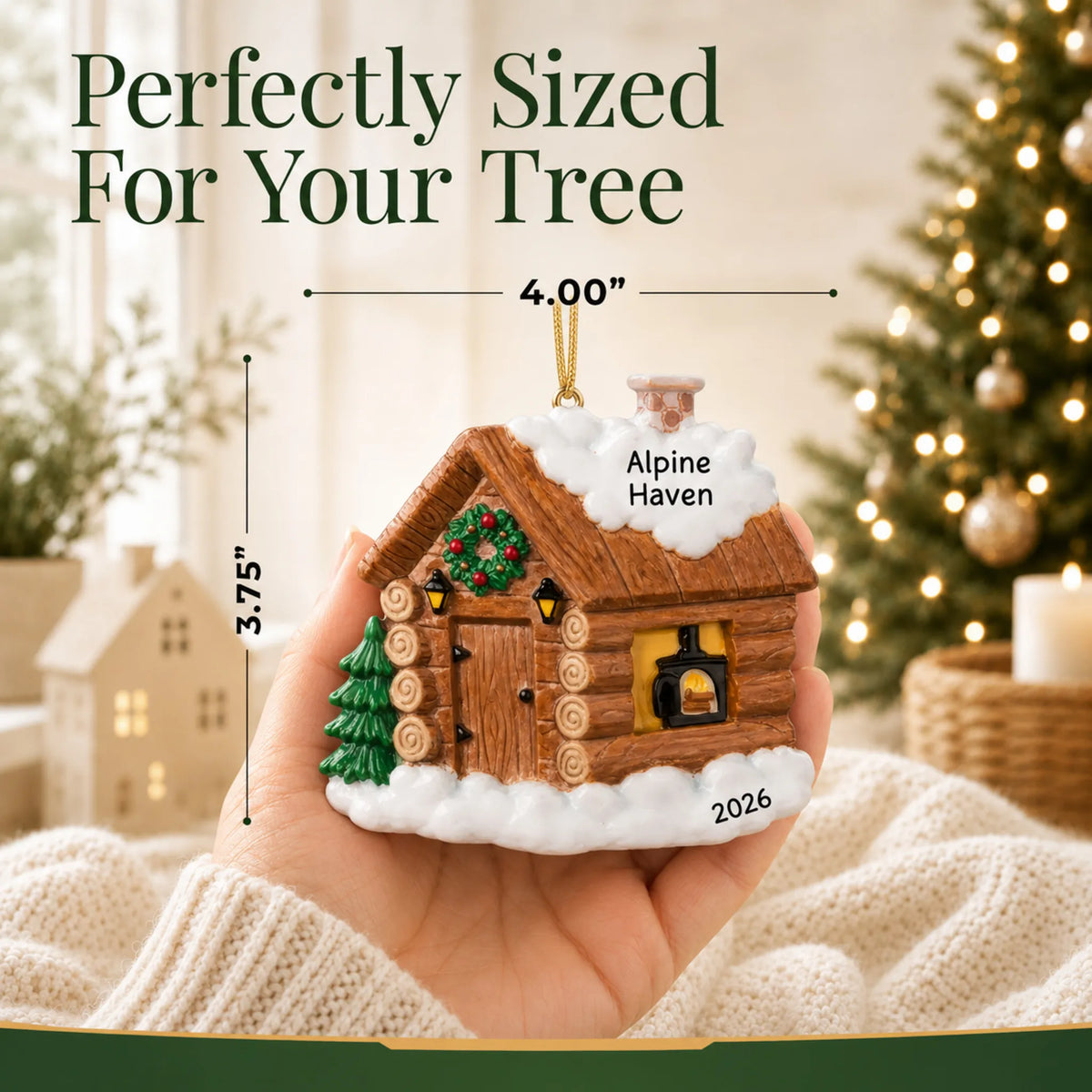 Size guide: the personalized log cabin christmas ornament is 4.00 in wide by 3.75 in tall, shown in hand