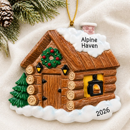 Personalized log cabin christmas ornament laid on a soft white knit blanket
