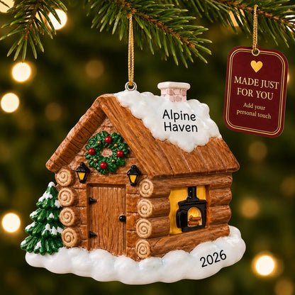 Log cabin christmas ornament hanging on a lit Christmas tree with a Made Just For You gift tag