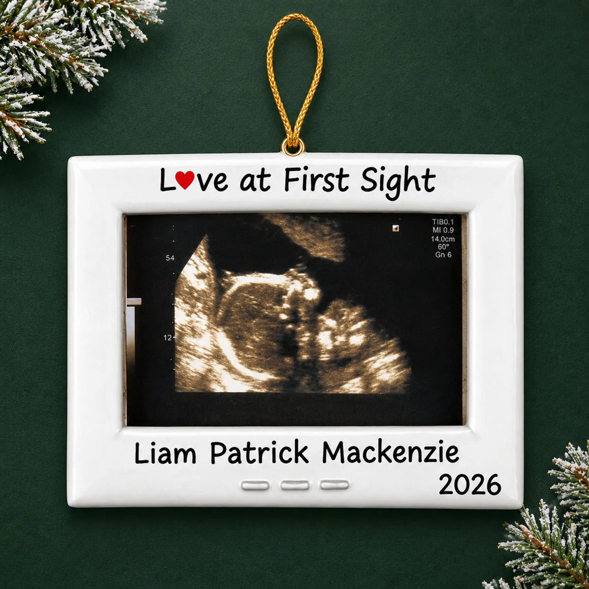 Personalized New Baby Ultrasound Frame christmas ornament on a dark green pine background