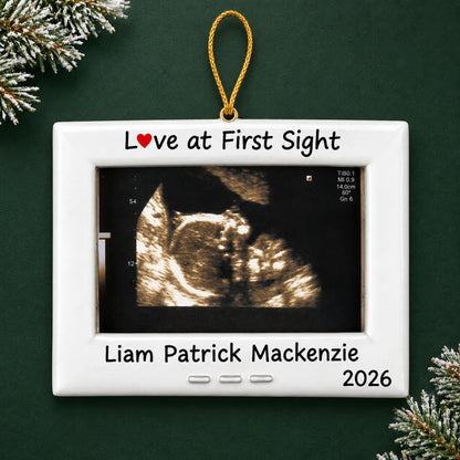 Personalized New Baby Ultrasound Frame christmas ornament on a dark green pine background